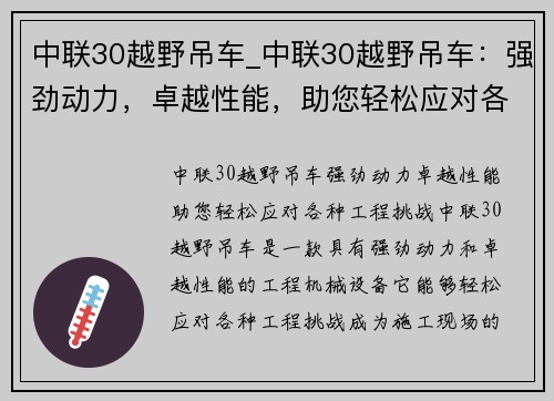 中联30越野吊车_中联30越野吊车：强劲动力，卓越性能，助您轻松应对各种工程挑战