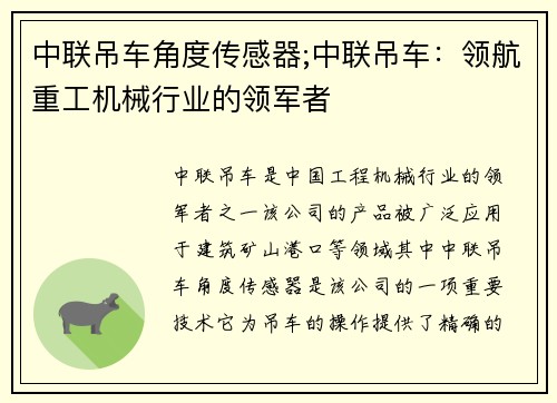 中联吊车角度传感器;中联吊车：领航重工机械行业的领军者