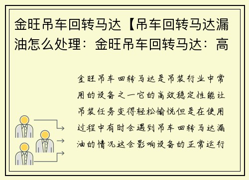 金旺吊车回转马达【吊车回转马达漏油怎么处理：金旺吊车回转马达：高效稳定，助您轻松完成吊装任务】